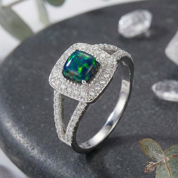 S925 Stamped Silver Opal Halo Ring Size 8 Green Fire CZ Split Shank Jewelry - Picture 12 of 12
